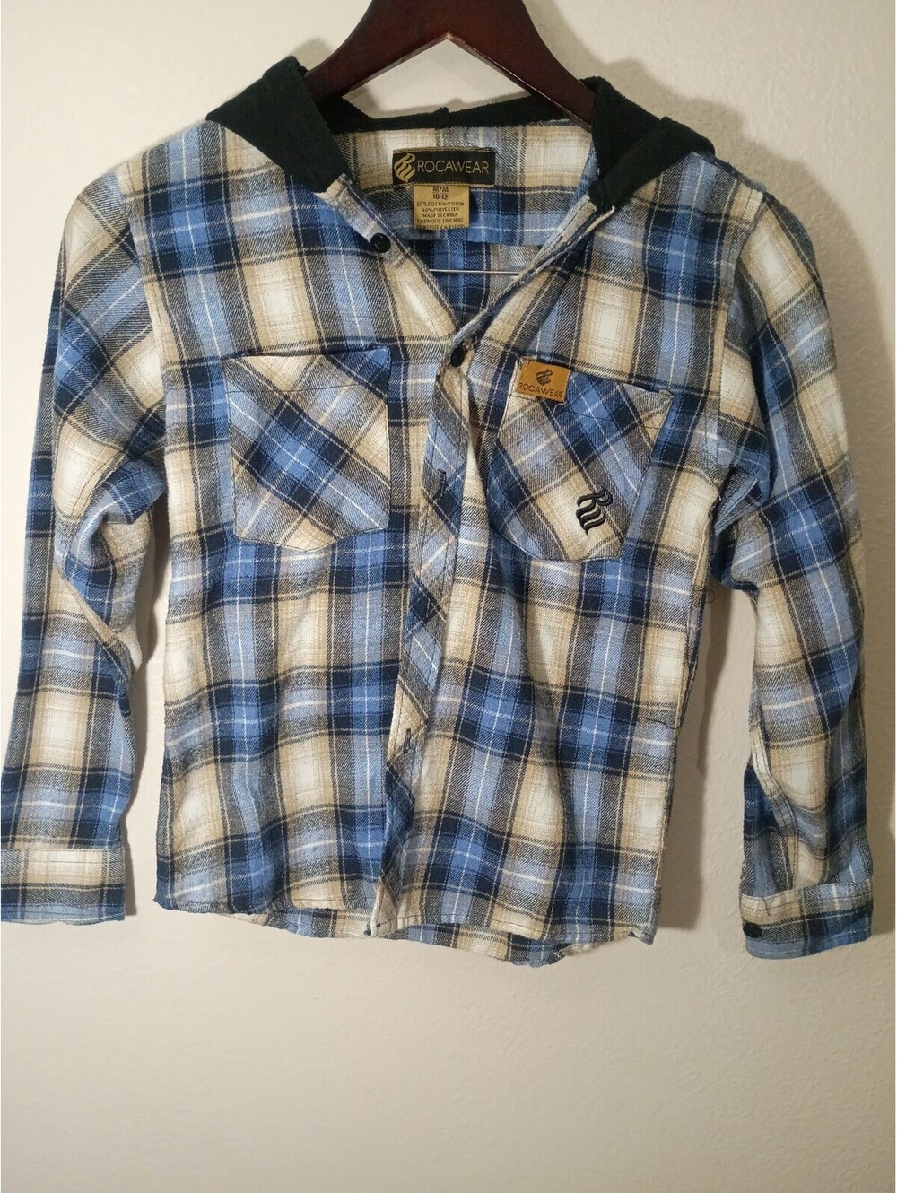 Rocawear Boys Medium 10-12 Blue and Beige Plaid Hooded Shirt